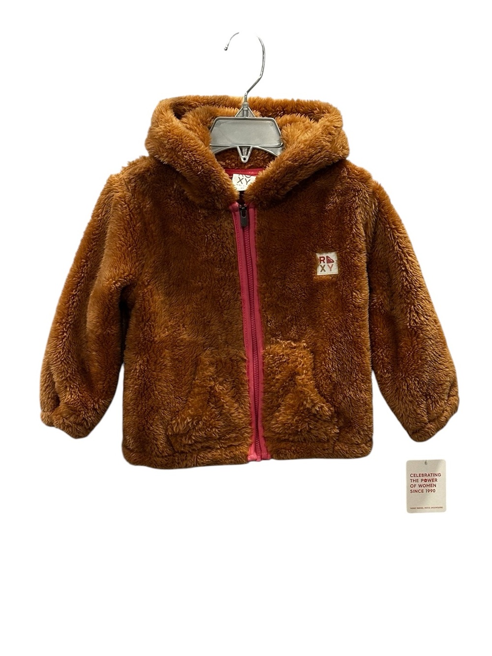 Roxy Toddler Girl Sherpa Jacket NEW Hooded Brown Fleece Size 2T Pink Trim